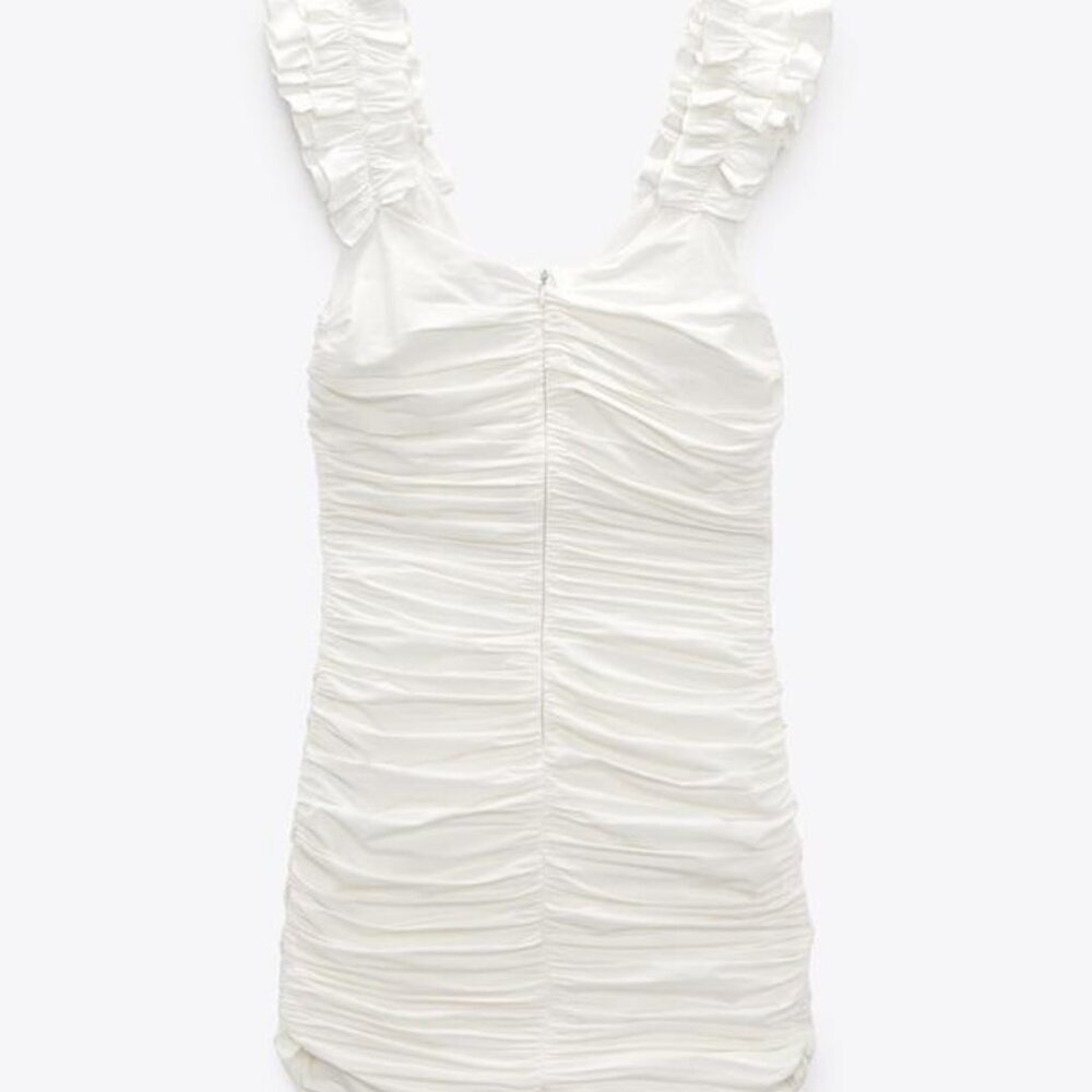 NWT Zara White Ruffle Sleeve Linen Blend Mini Ruched Dress Lace Up tie detail XS - Picture 11 of 15